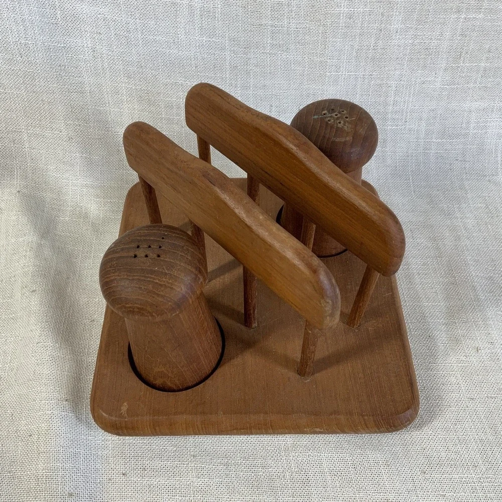 VTG Danish Modern Genuine Teak Wood Salt and Pepper Shakers with Napkin Holder